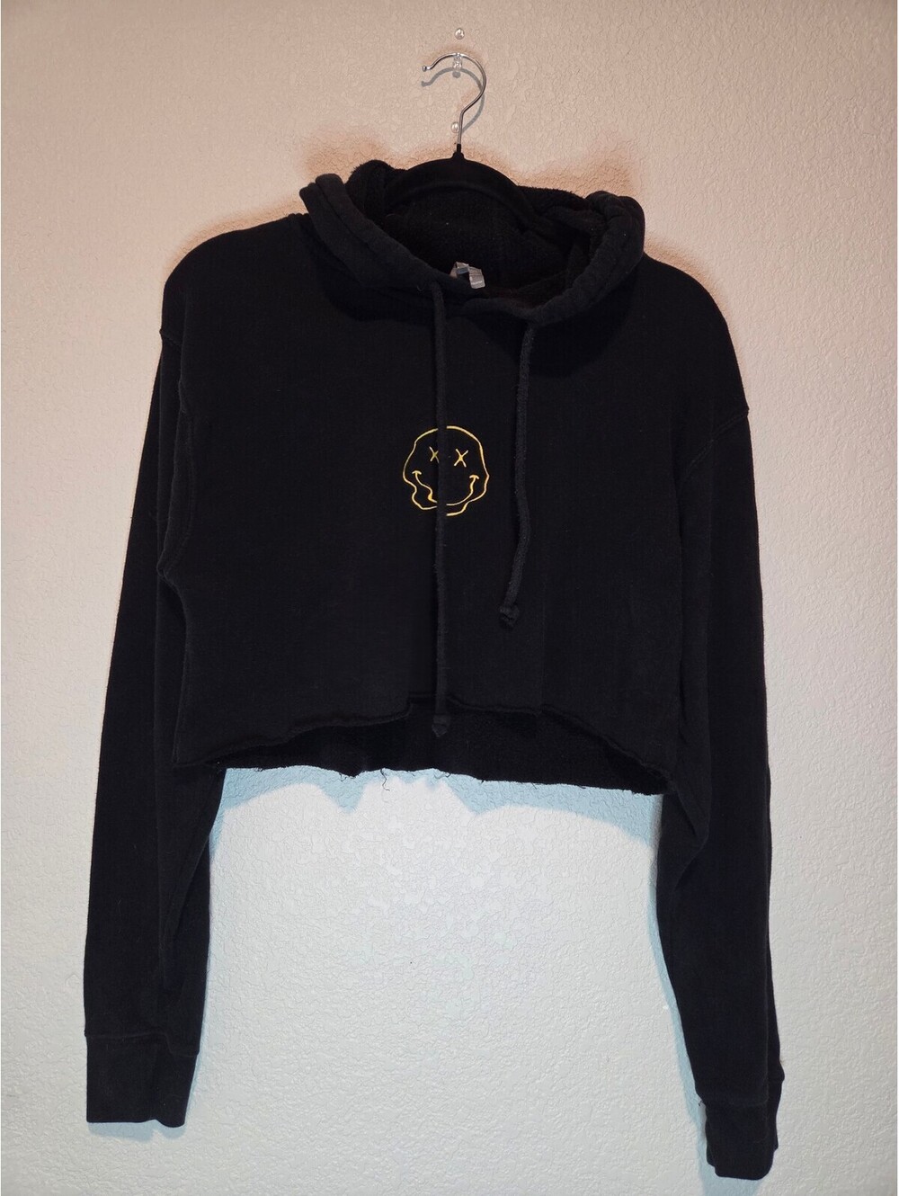 Cotton Heritage Black Cropped Hoodie with Yellow Smiley Face Embroidery, M
